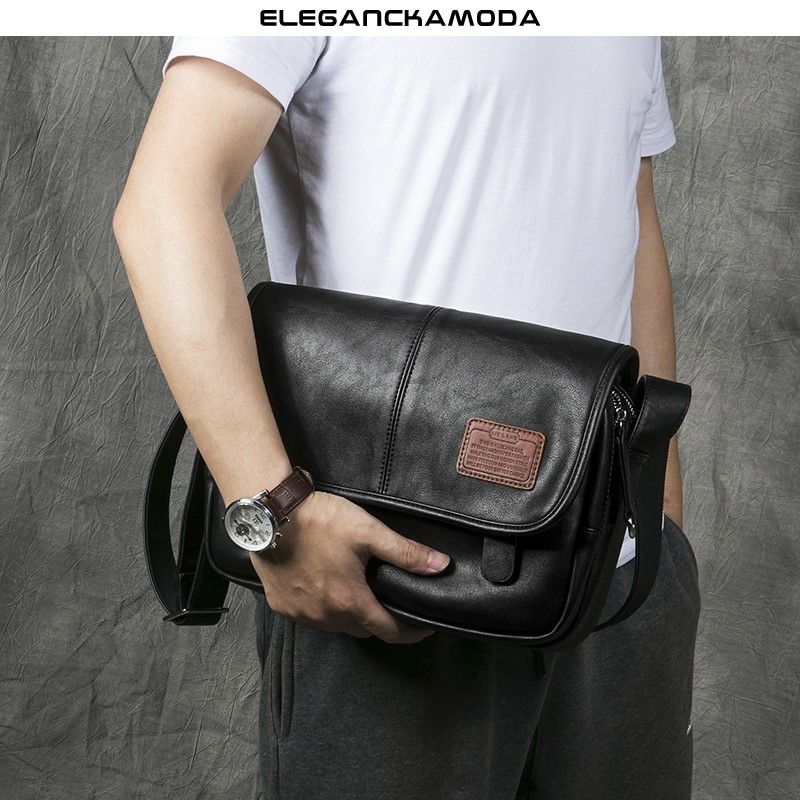 torba na ramię męska skórzana torba crossbody wielofunkcyjna modna klapka czarna