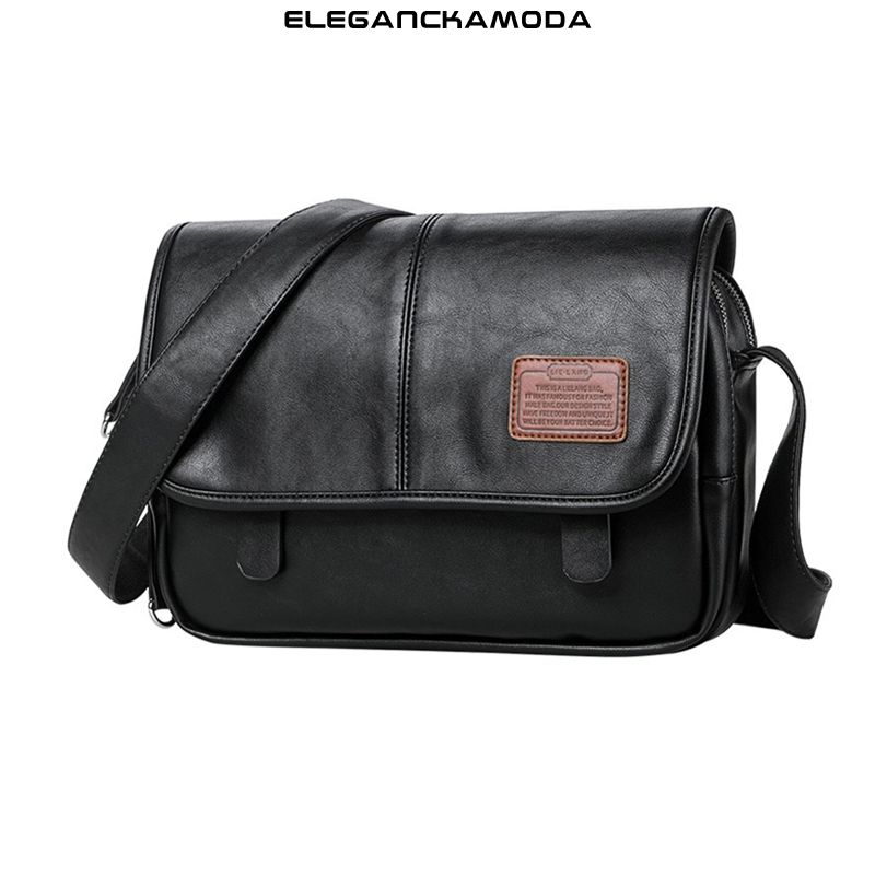 torba na ramię męska skórzana torba crossbody wielofunkcyjna modna klapka czarna