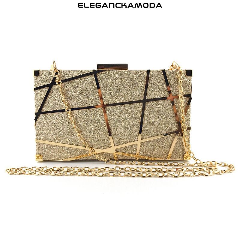 torebka wieczorowa fashion clutch metal acrylic with crossbody chain gold