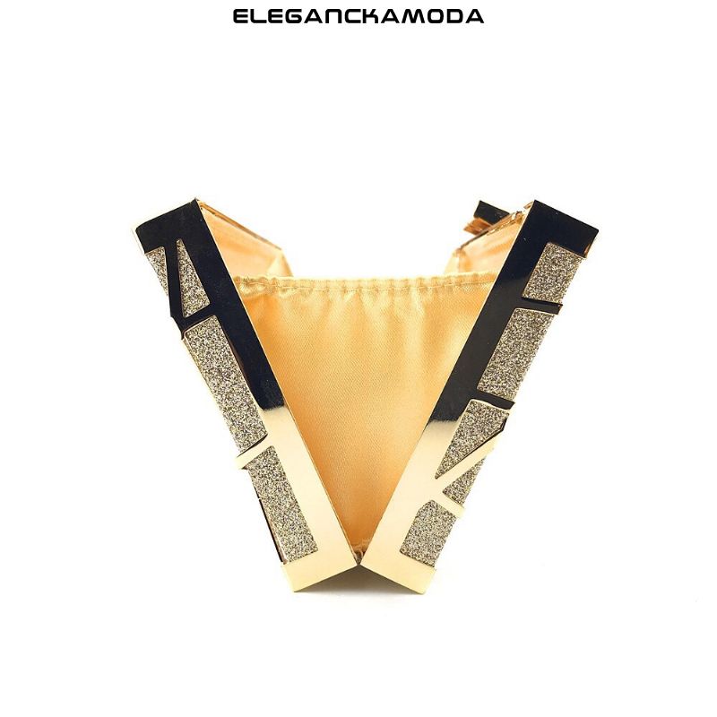 torebka wieczorowa fashion clutch metal acrylic with crossbody chain gold