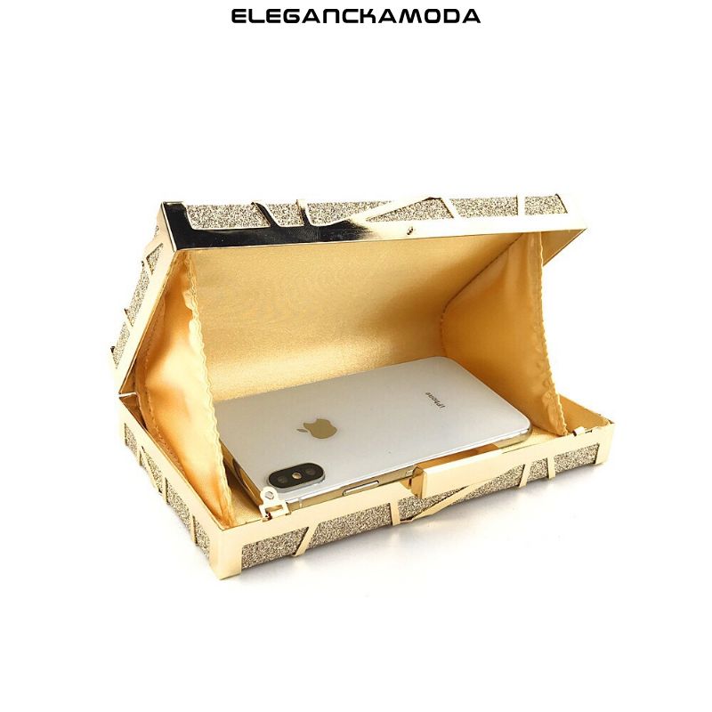 torebka wieczorowa fashion clutch metal acrylic with crossbody chain gold