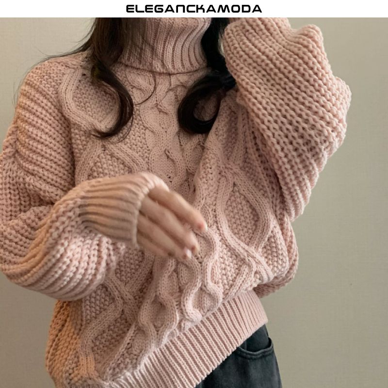 trend retro gruby sweter damski z grubymi igłami z wysokim kołnierzem różowa kurtka z dzianiny