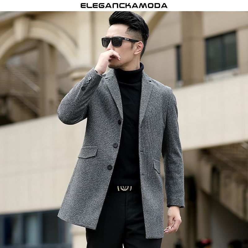 wełniany płaszcz męski biznesowy długi wąski exquisite jacket szary