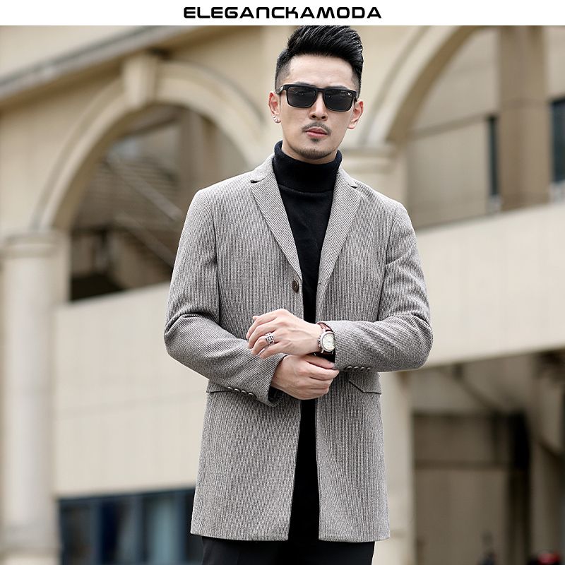 wełniany płaszcz męski biznesowy długi wąski exquisite jacket szary