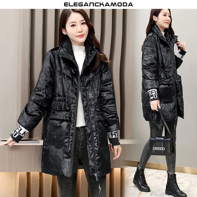 winter chic glossy damska kurtka puchowa slim długa ciemnoniebieska