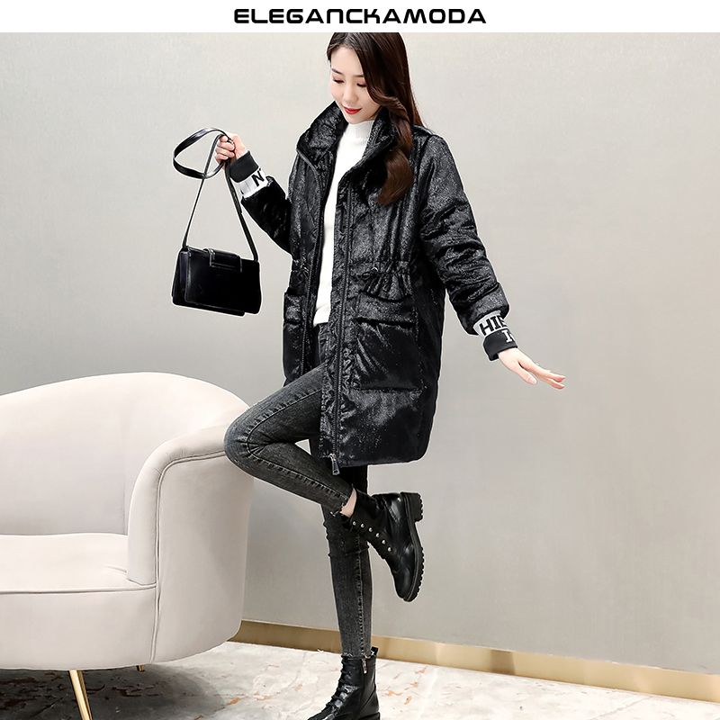 winter chic glossy damska kurtka puchowa slim długa ciemnoniebieska