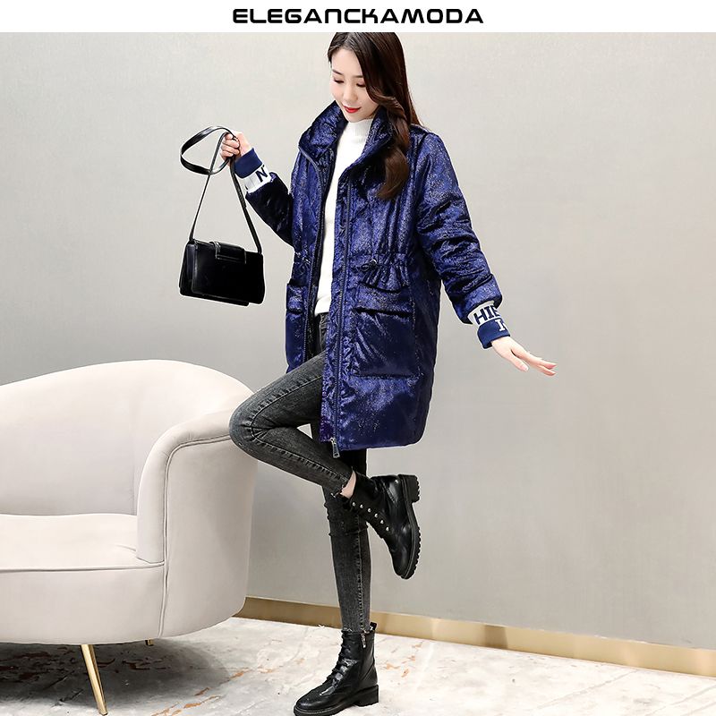 winter chic glossy damska kurtka puchowa slim długa ciemnoniebieska