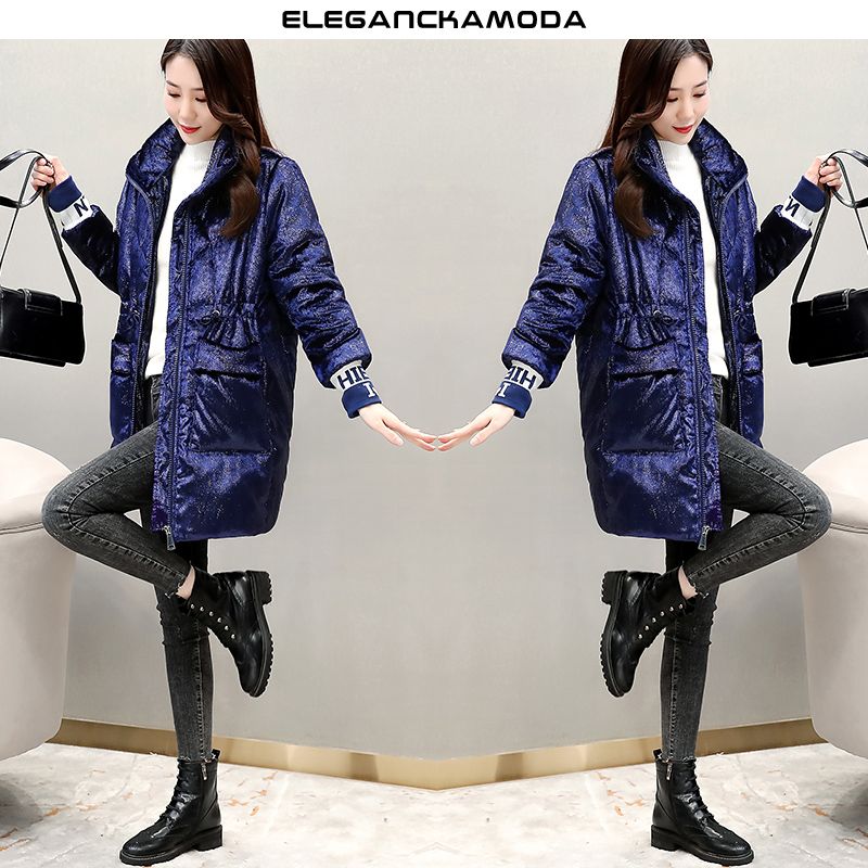 winter chic glossy damska kurtka puchowa slim długa ciemnoniebieska