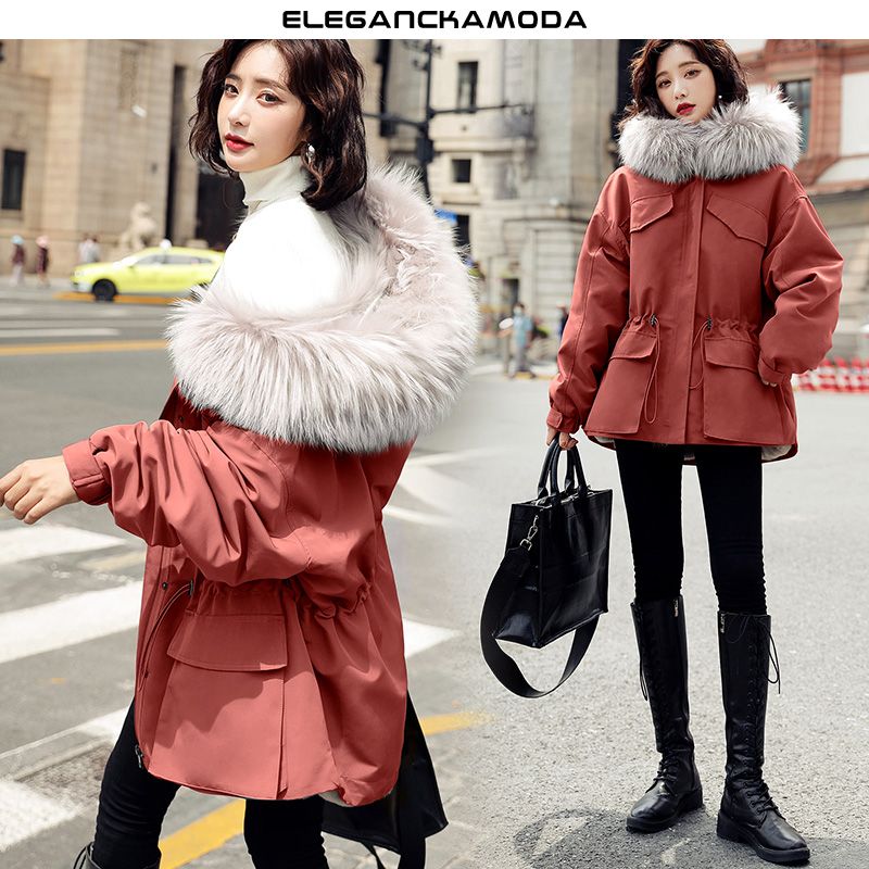 winter fashion women parker fur collar kurtka z kapturem elastyczny pas zielony