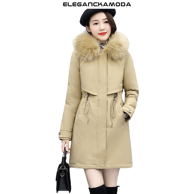 winter fashion women parker lamb wool slim płaszcz z futrzanym kołnierzem z kapturem khaki