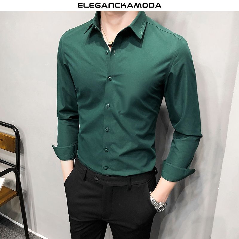 wiosenna męska koszula pure color youth business slim green