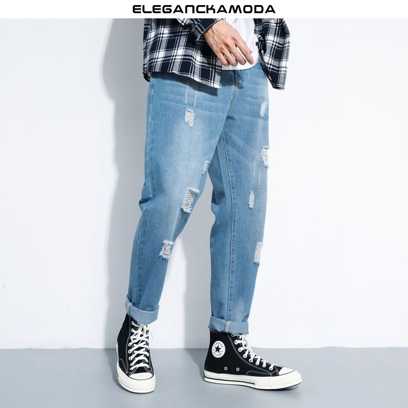 wiosenno-letnie modne dżinsy męskie w stylu slim blue