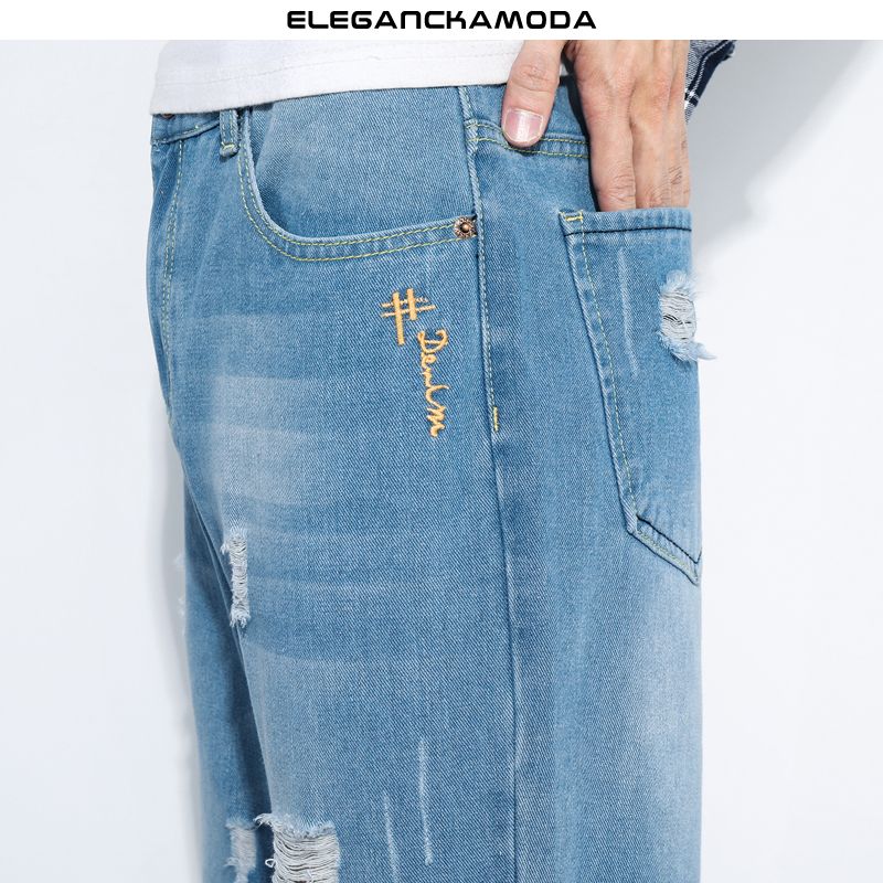 wiosenno-letnie modne dżinsy męskie w stylu slim blue