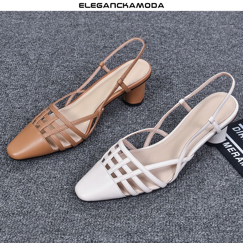 wiosna / lato sandały damskie z pustej skóry moda baotou roman khaki