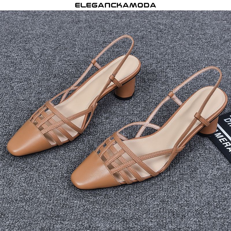 wiosna / lato sandały damskie z pustej skóry moda baotou roman khaki