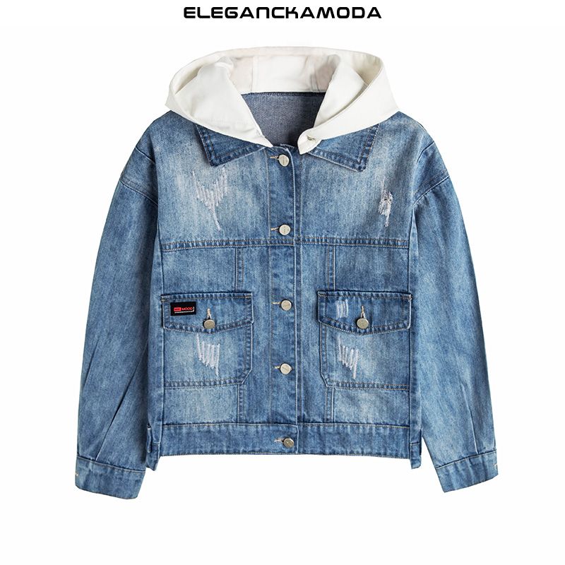 wygodna kurtka cowgirl z długim rękawem na wiosnę i jesień casual hooded blue